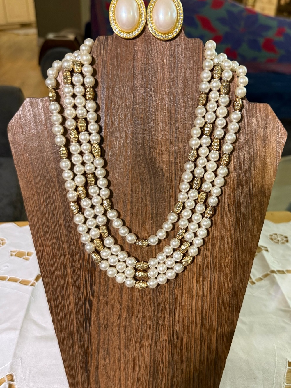 Vintage White Pearl Multi-Strand Necklace with Gold Accents and Matching Studs